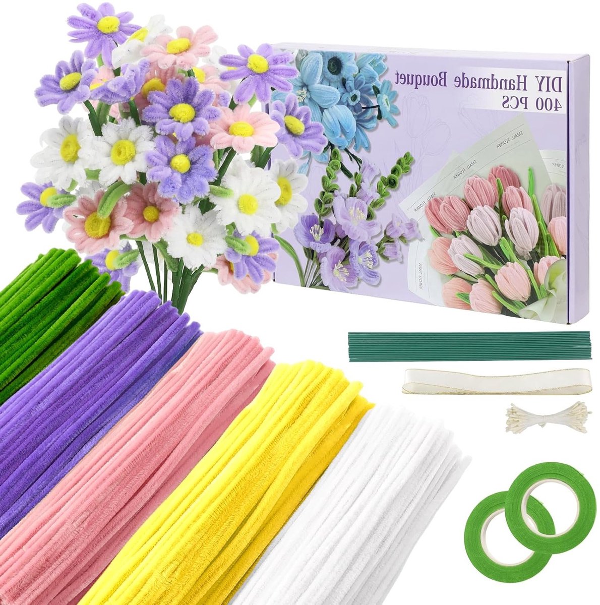 Kleurige Bloem Bouquet Pijpenragers Set van 400 Stuks met Groene Craft Draad en Cadeaulint voor Creatieve Knutselprojecten
