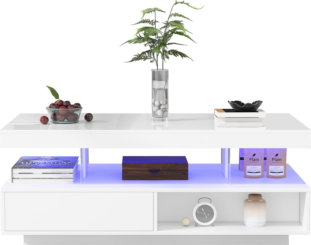 YYchan Salontafel - Koffietafel met Lades - Salontafel met LED Verlichting - Smart App Control - Hoogglans - 95x50x42.5 cm - Wit