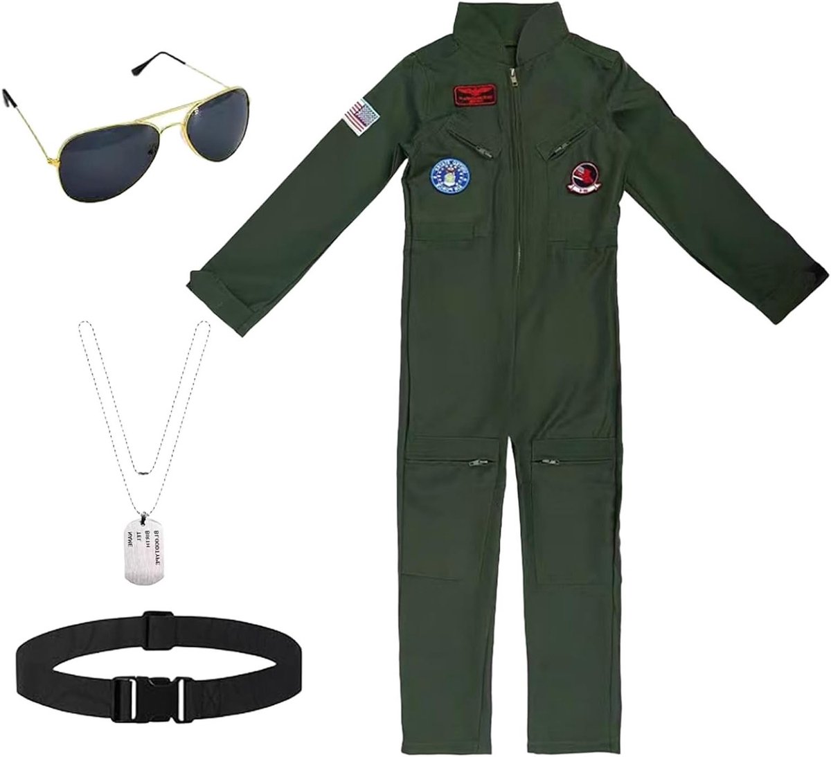 Militaire Groene Aviator Kostuum voor Kinderen met Zonnebril, Ketting en Riem voor Halloween en Carnaval