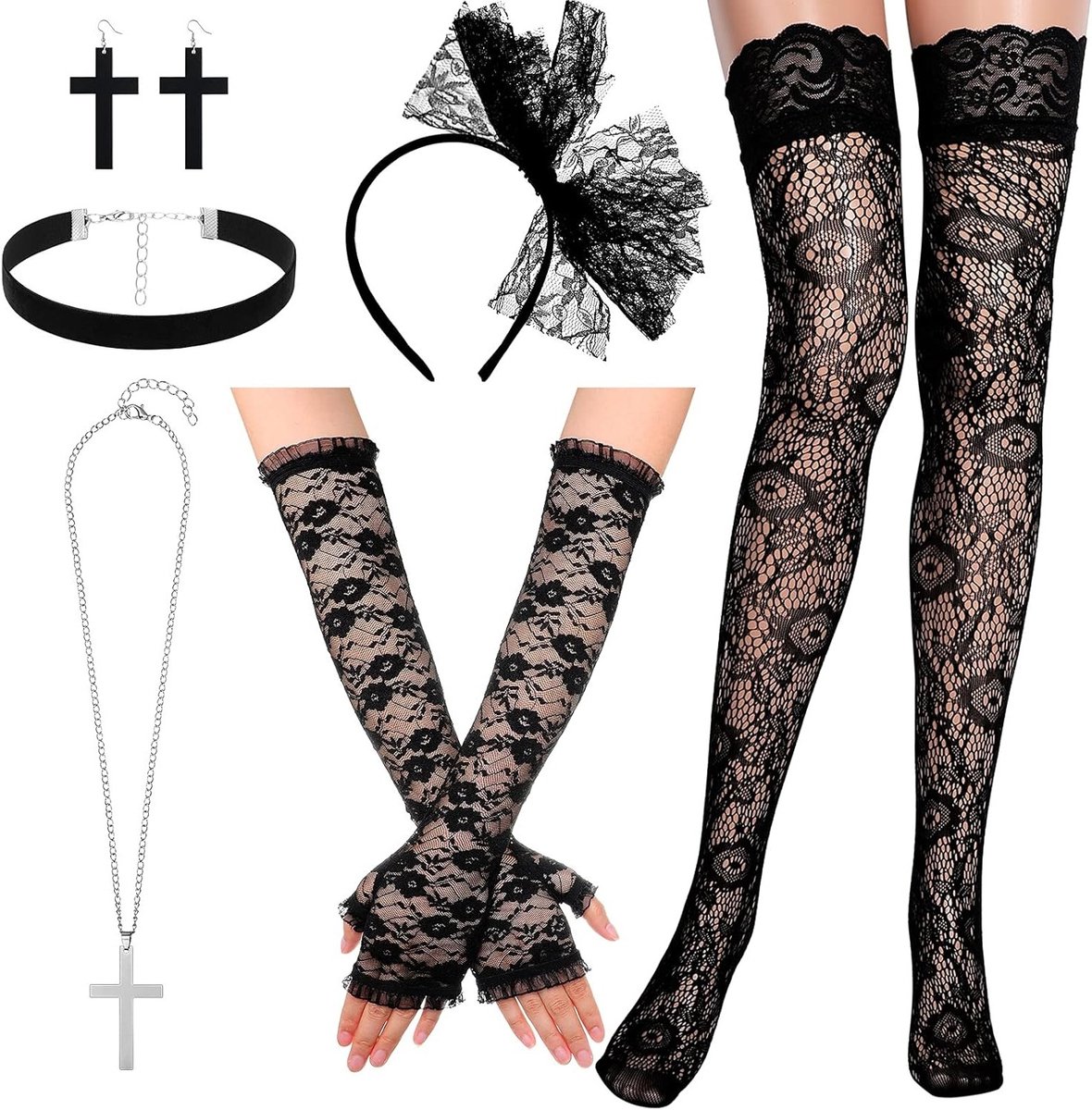 80s Cosplay Kostuum Accessoire Set met Kanten Haarband, Handschoenen, Hoge Kousen en Sieraden voor Feest en Halloween
