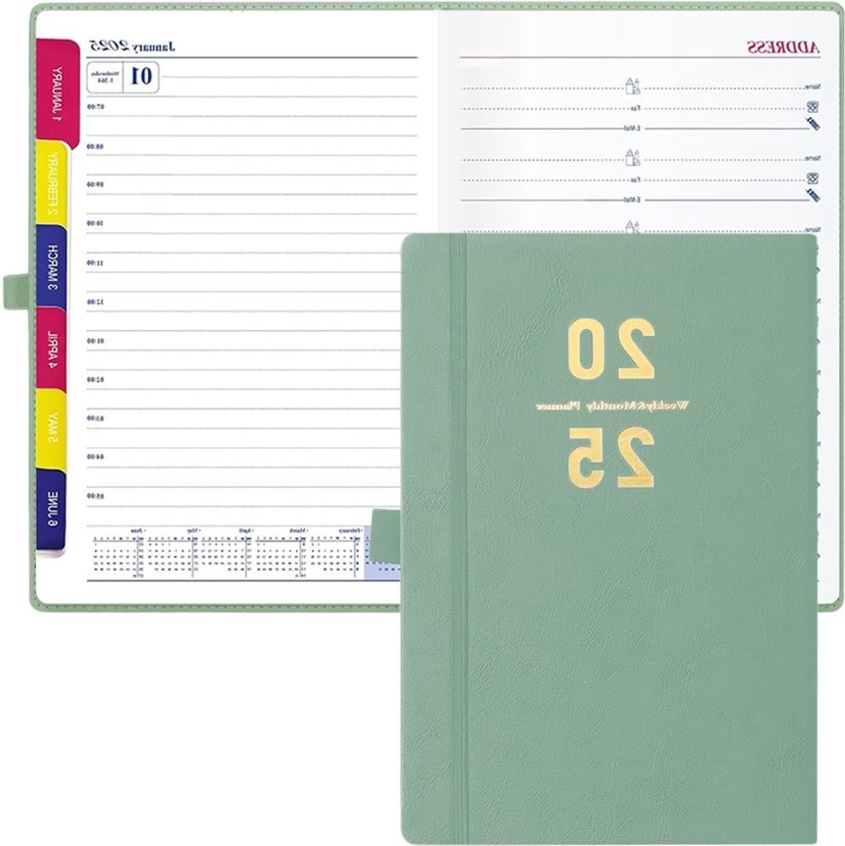 2025 Kalender met Groene Omslag, Maandelijkse Overzichten en Ruimte voor Notities