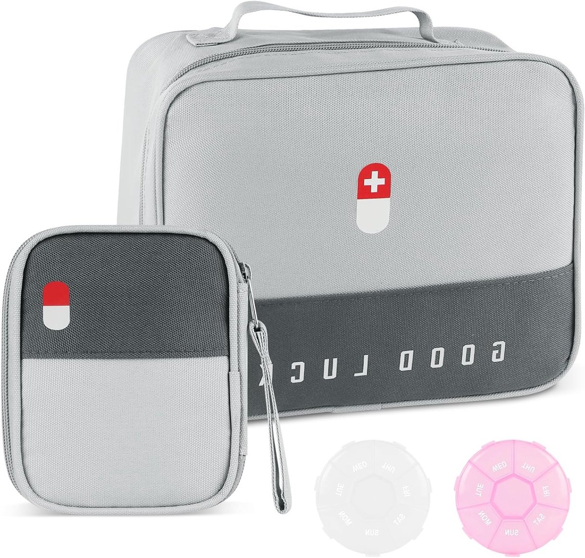Reisapotheek Tas Set van 2 met 2 Tablettenboxen, Vochtbestendige Medicijnopslag voor School, Camping en Wandelen