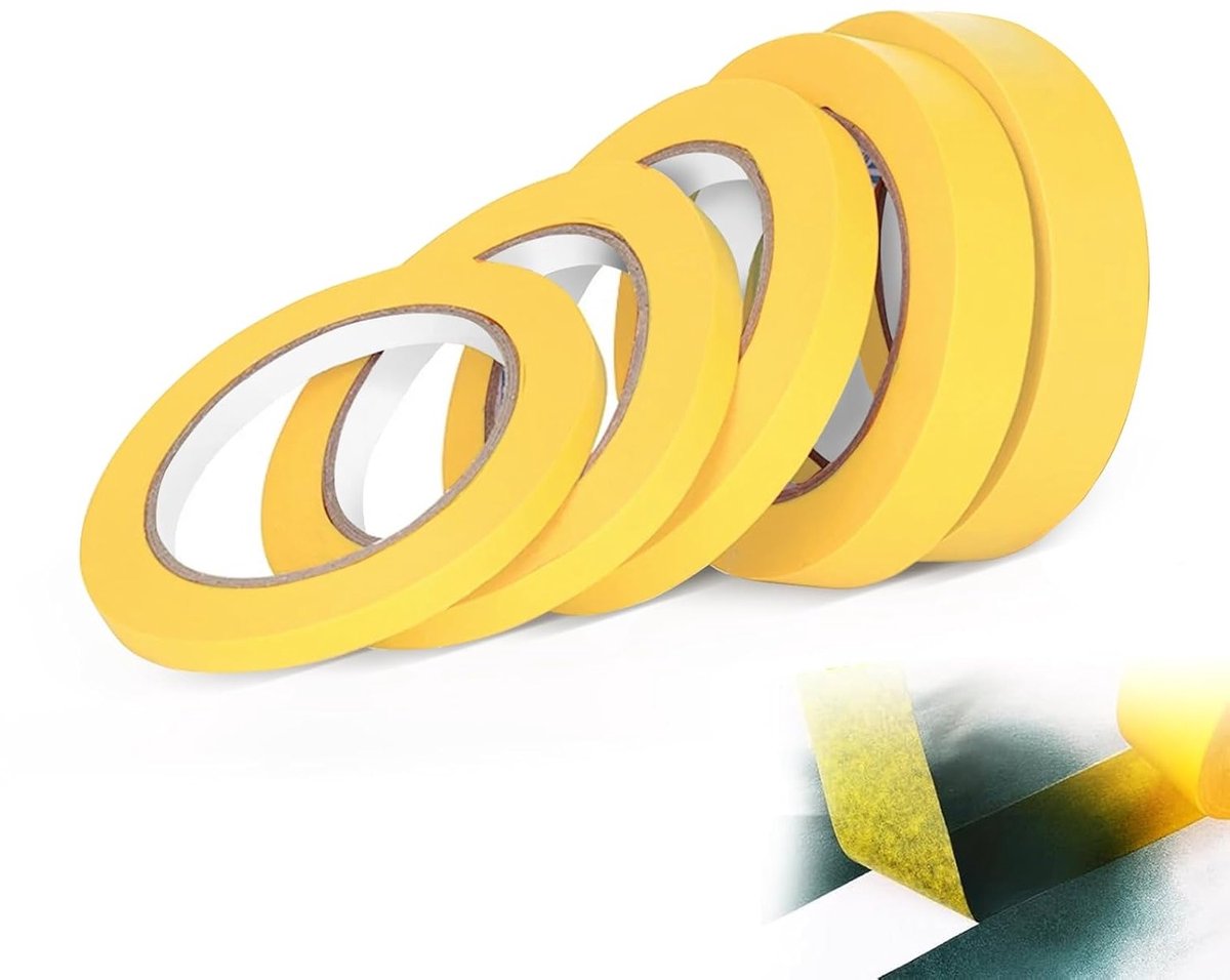 Zelfklevende Masking Tape Set van 5 Rollen, Fijne Lijntape voor Schilderen en Decoreren, 50m x 5/8/10/12/15mm, Perfect voor Precisiewerk en Creatieve Projecten