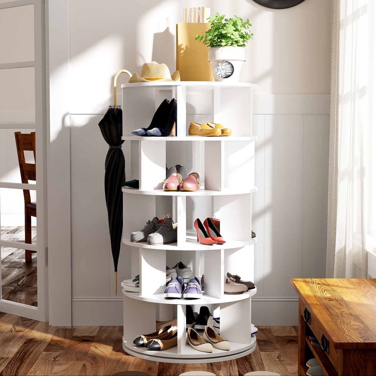 Draaiende Schoenenrek - Wit - 5 Lagen, 115 Cm Hoog, 60 Cm Breed - 360° Draaibaar - Opbergrek Voor Schoenen, Planten, Boeken