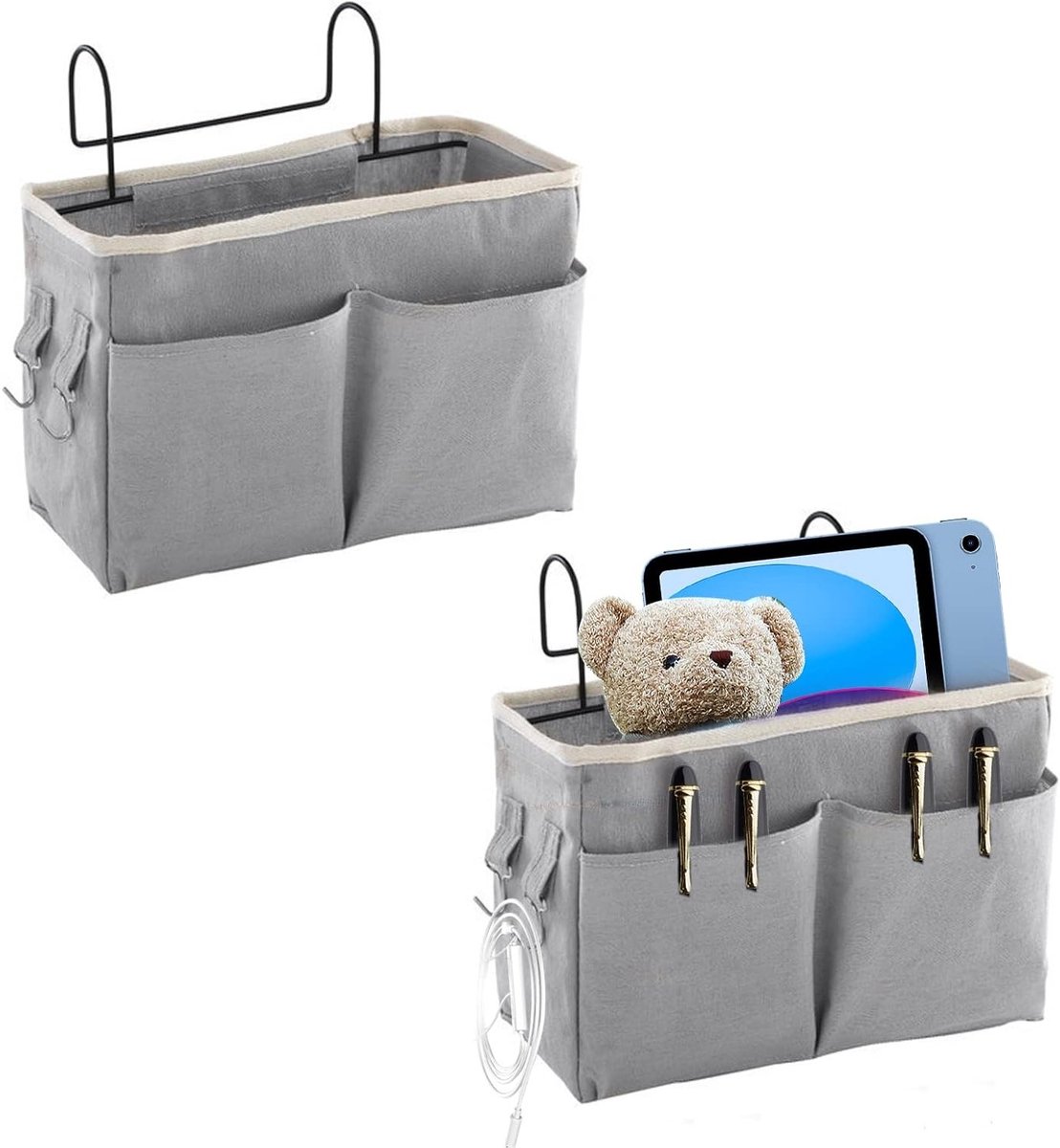 Hanging Bed Organizer Set van 2 - Bedside Opbergzakken voor Boeken, Telefoon en Kleine Spullen (29 x 19 x 11 cm, Grijs)