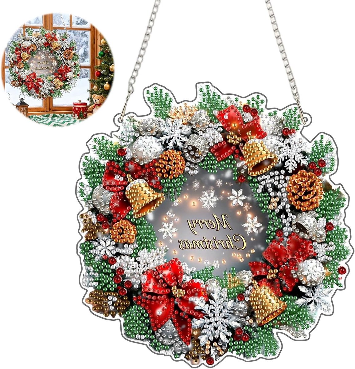 Kerstdecoratie met Diamant Schilderij, Hangende Santa Bord voor Raam en Wand, Creatieve Vensterdecoratie met Ketting en Glinsterende Accenten