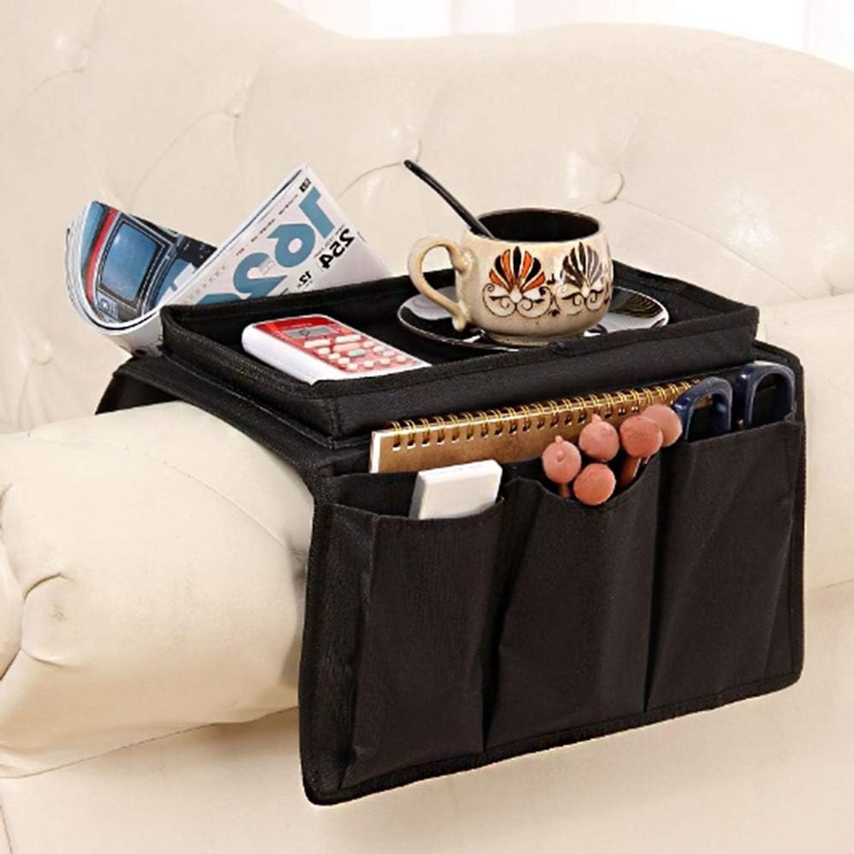 Sofa Armleuning Organizer met Bekerhouder en Opbergruimte voor TV- afstandsbediening, Mobiele Telefoons, Tablets en Snacks