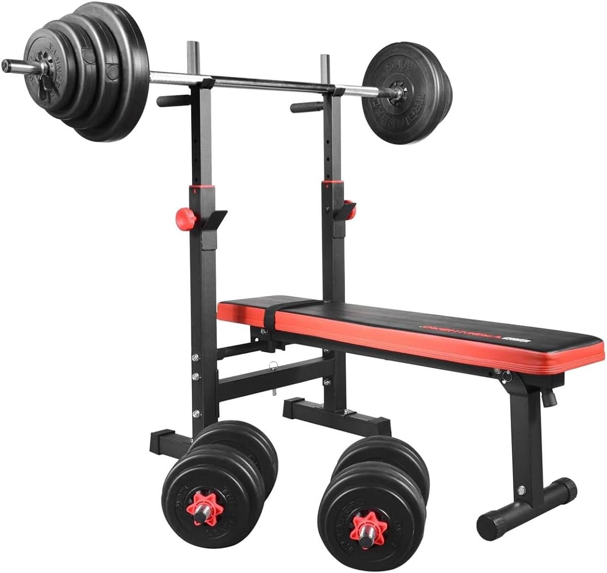 Halterbank Set - Krachtbank Fitness - Thuis Trainen - Inklapbaar Ontwerp - 250 kg Draaglast - Zwart Rood