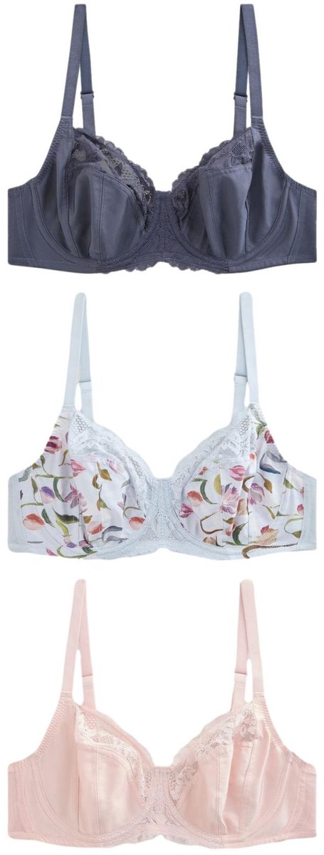 Next Dames - Set van 3 DD+ beha's zonder vulling met volledige cups - Blauw Blue Tulip/Navy/Pink