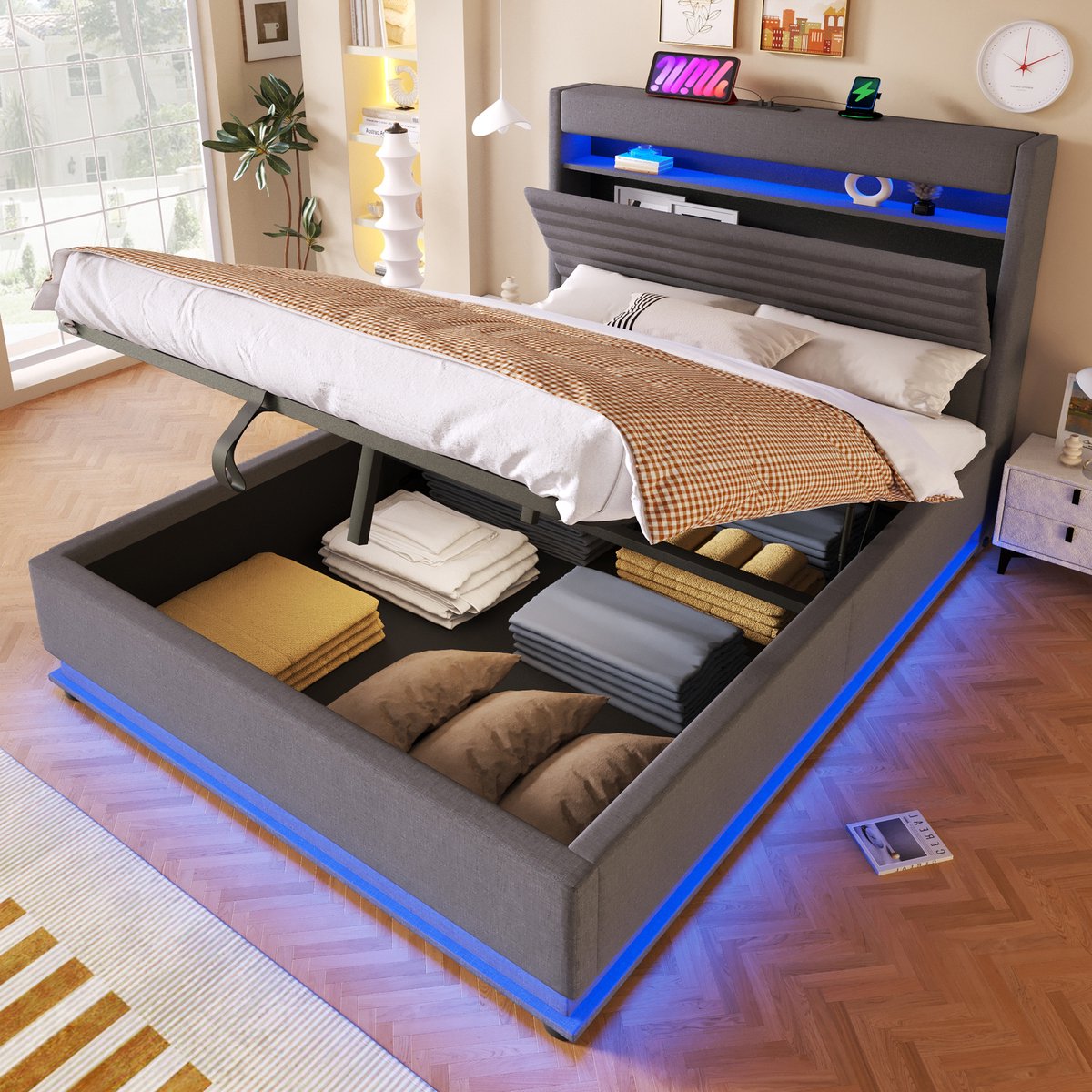 MODFU - Gestoffeerd Bed - USB- En USB-C-Aansluiting - LED-Verlichting - Hydraulische Opbergruimte - Linnen - Grijs - 140 X 200 Cm