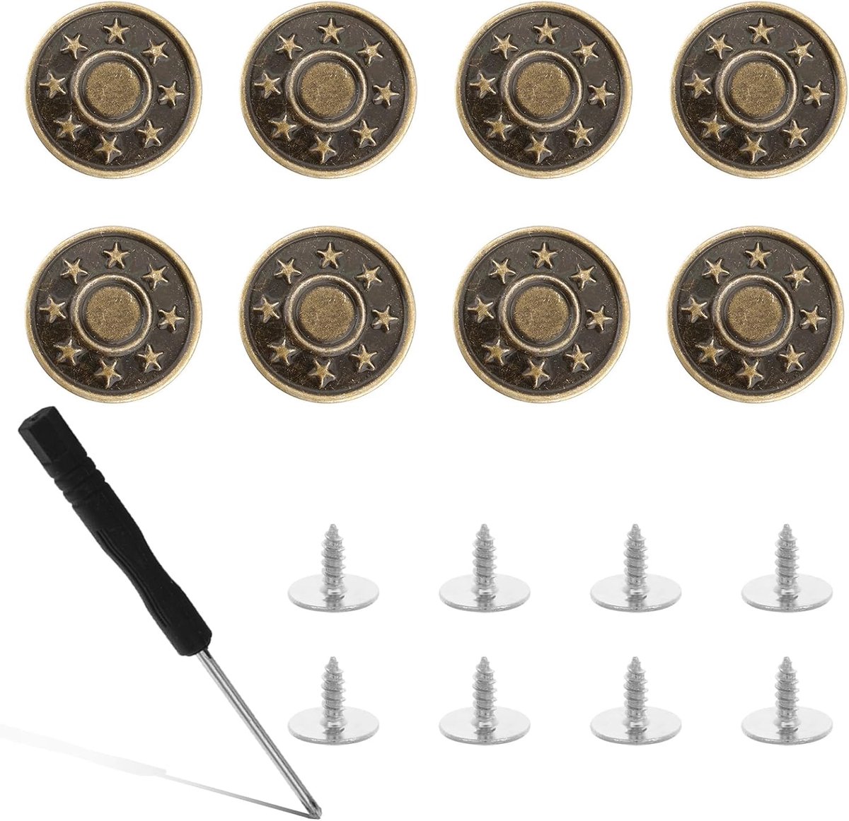 Broek Knopen Set - Verstelbare Jeansknoppen - 8 Stuks 17mm - Zonder Naaien Met Schroevendraaier - Voor Broeken Jassen DIY Projecten - Koper en Zilver