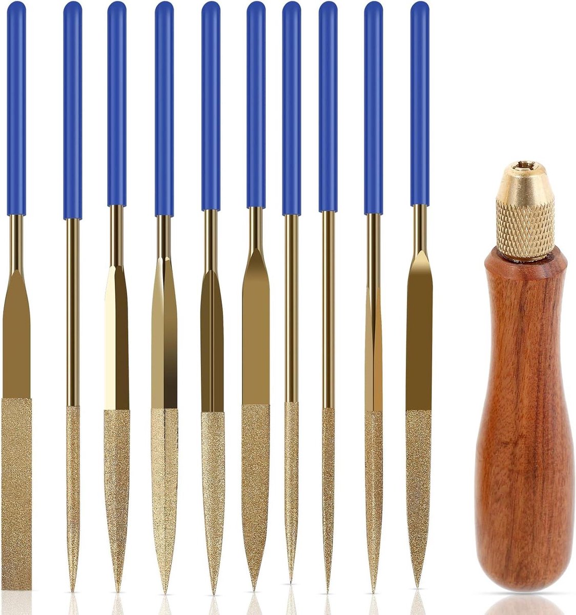 Houtbewerkingsarchief - Vijlgreep Set - Onderdelen Bewerken - Zuurhouten Handvat - 10 Vormen - Goudkleurig