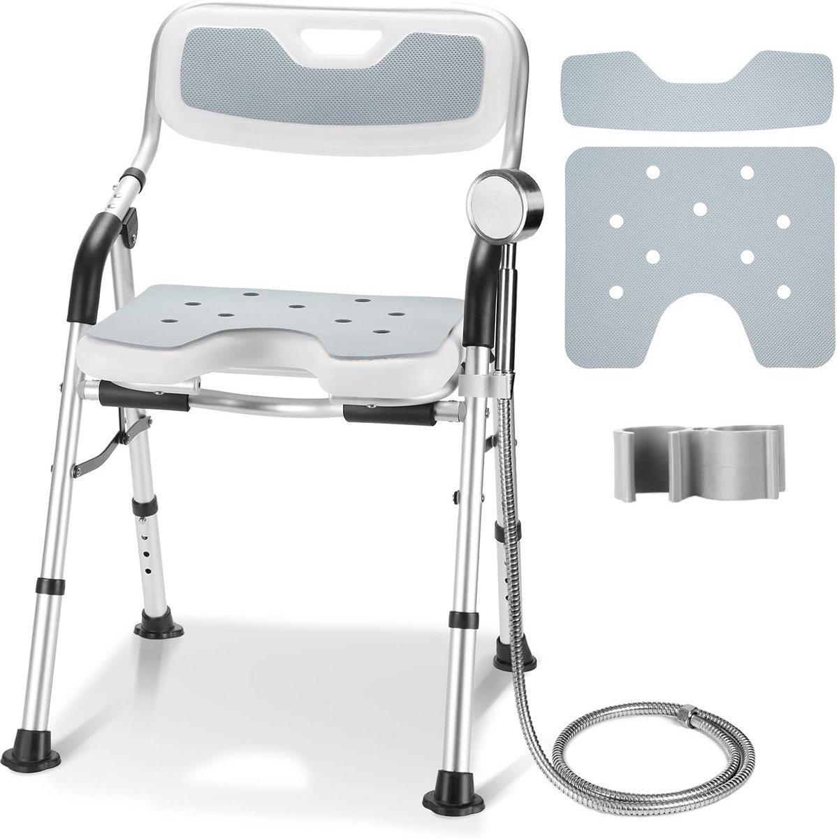 DEWEL Shower Chair for Elderly, Foldable, Height Adjustable, Anti-Slip Shower Chair for Disabled Persons, with Shower Support, Tool-free Mounting, Load up to 150kg (Grey, Large)