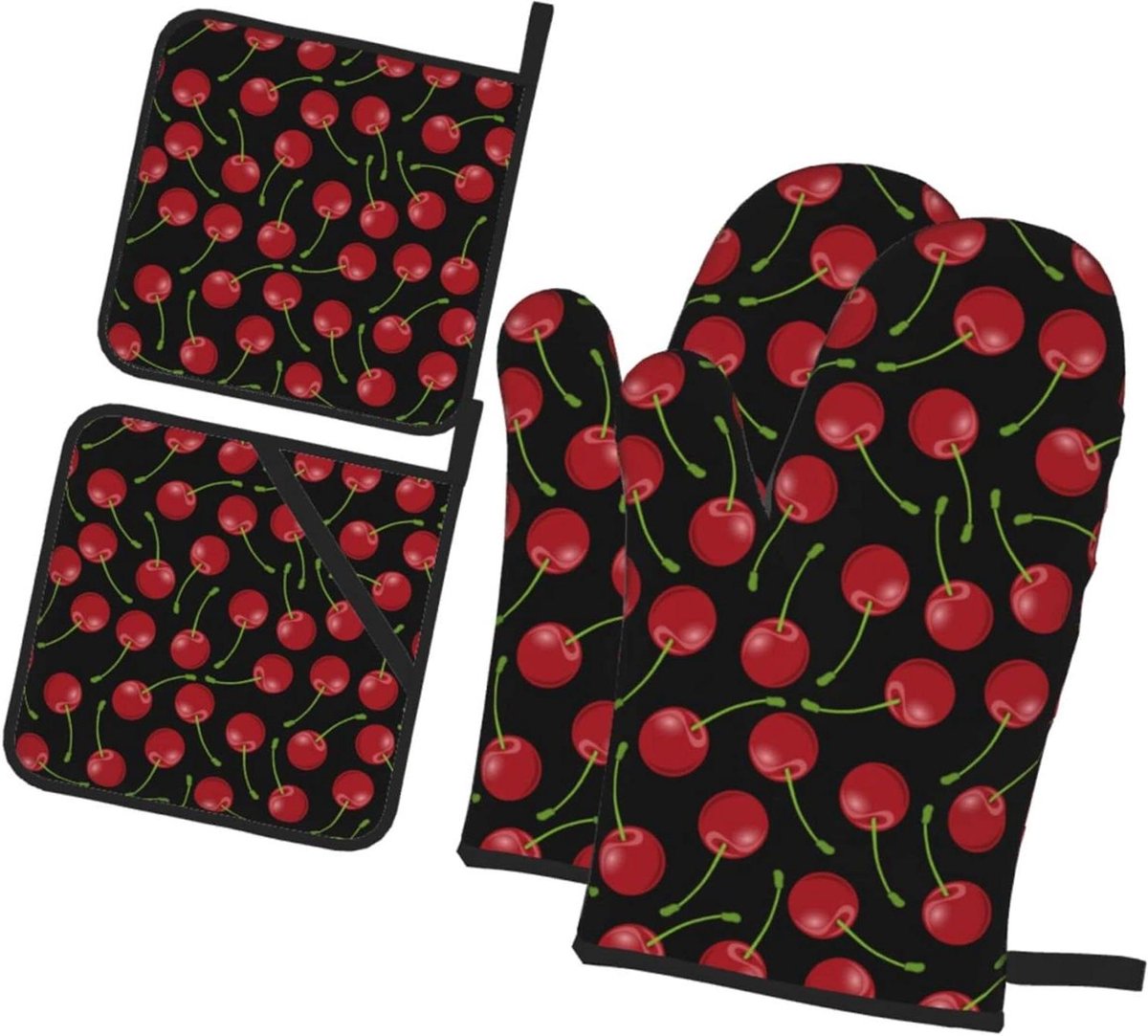 Ovenwanten en pannenlappen - Keukenhulpjes - Hittebescherming - Waterdicht polyester - 4-delige set - Rode kersenprint