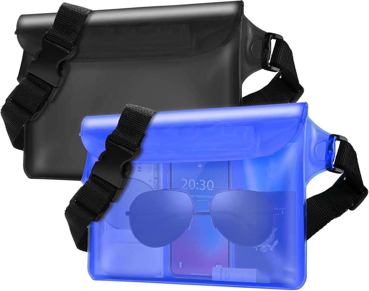 Waterdichte Heuptas voor Vrouwen – Drijvend & Waterdicht – voor Telefoon, Paspoort – Cruise, Strand, Waterpark, Varen, Vissen, Duiken, Surfen, Kajakken – Zwart & Blauw – 2 Stuks