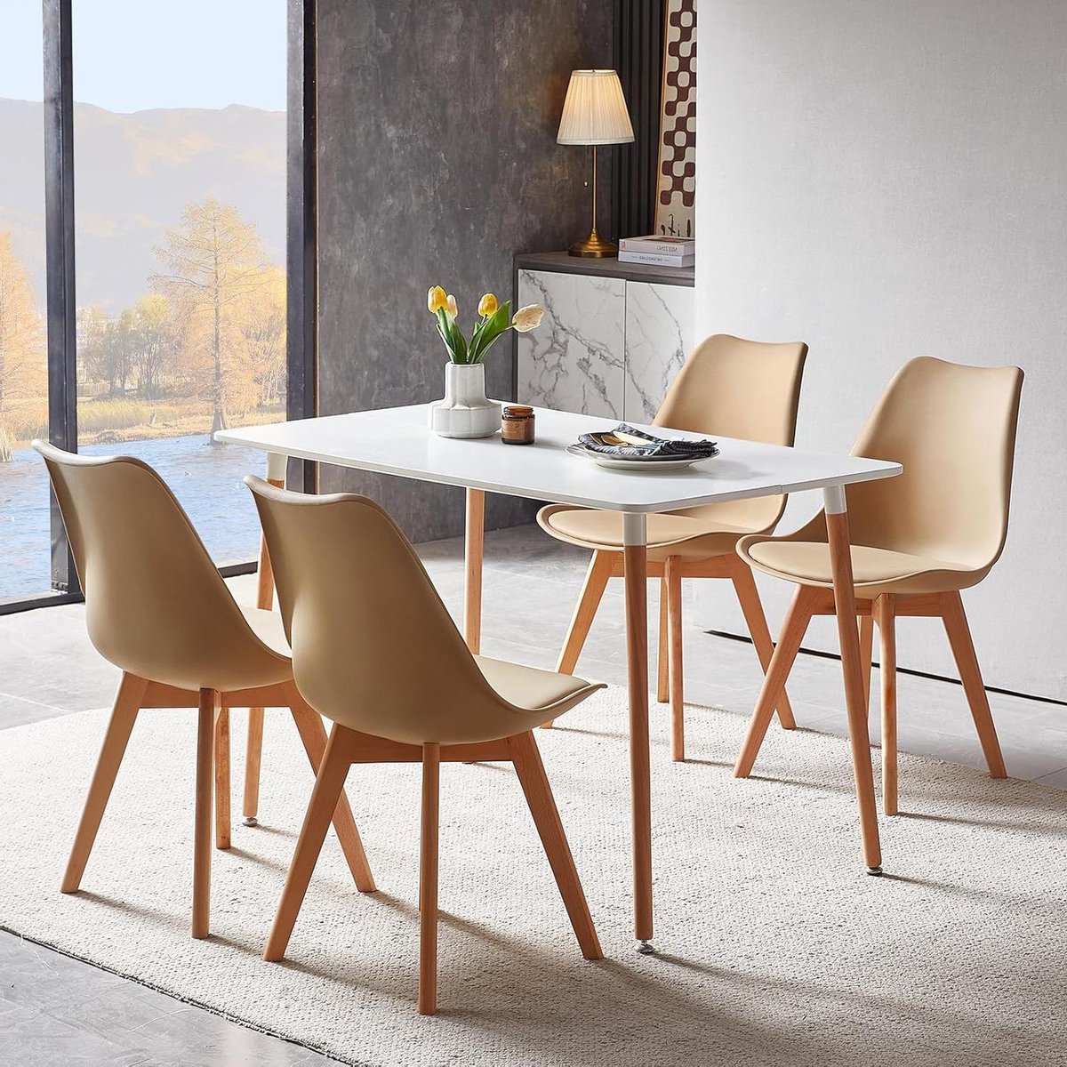 Eetkamerset - Eettafel stoelen - Samen eten - Ergonomische stoelen - 110 cm tafel - Wit ka