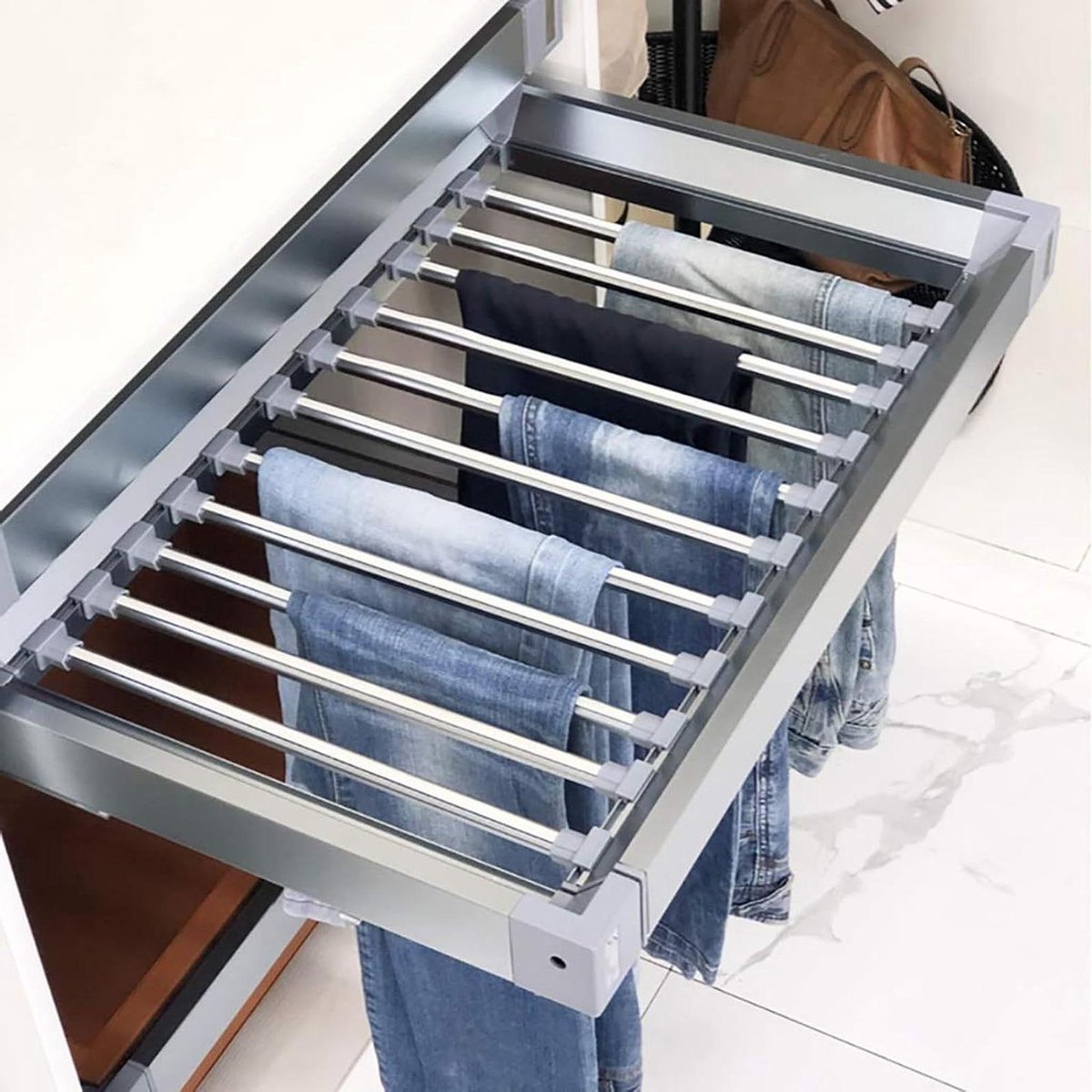 Multifunctionele glijdende broek HangerRuimtebesparend Droogrek voor Kast & Boven Wasmachine Verstelbaar 4560cm Verborgen Ontwerp Zwart