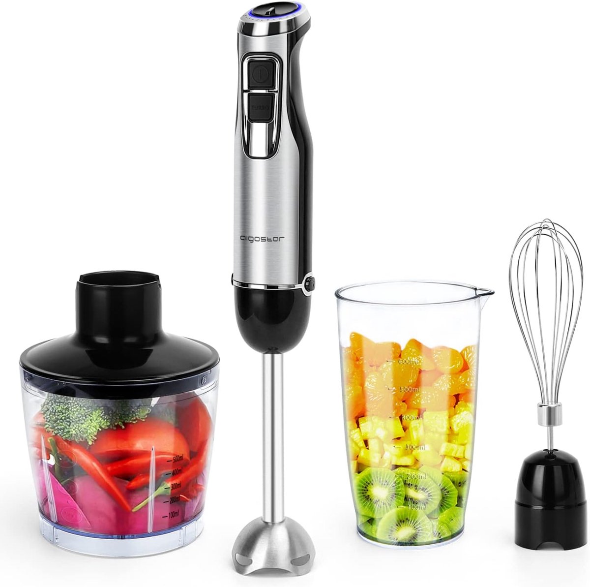 Staafmixer 4-in-1 - Keukenmixer Set - Maaltijden Bereiden - Krachtige 1000W Motor - 500 ml Hakmolen - Zilver