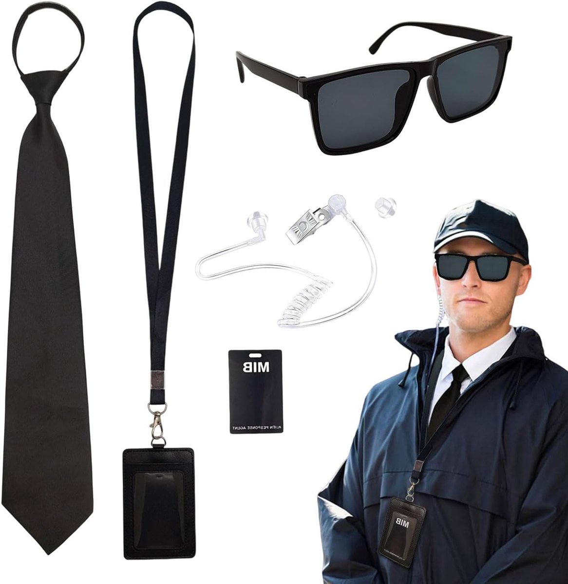 Accessoire Set voor Spionage Kostuum met Zonnebril, Stropdas, Oortje en ID Kaart voor Cosplay en Rollenspel