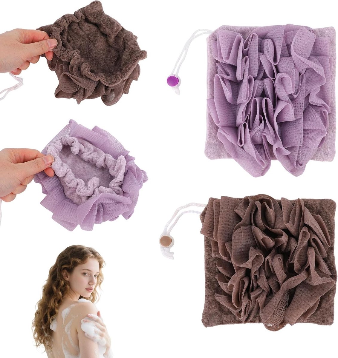 2-in-1 Loofah Wasdoek Set van 2, Exfoliërende Bad Spons met Trekkoord, Herbruikbare Douche Puff voor Gladde Huid en Diepe Reiniging (Paars, Bruin)