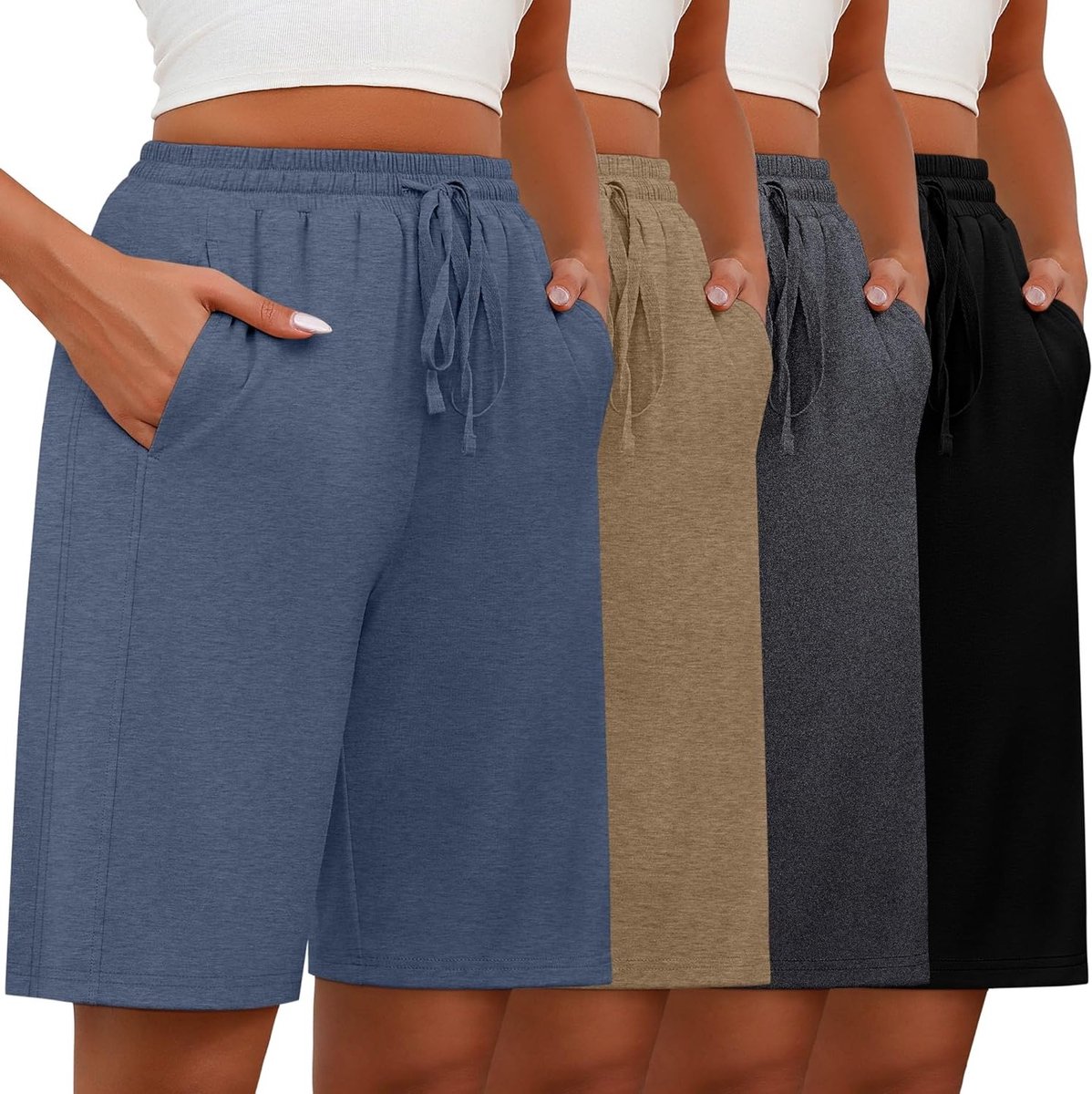 4-Delige Bermuda Shorts voor Dames met Trekkoord en Elastische Tailleband, Casual, Wijde Pijpen, Ideaal voor Zomer en Vrijetijdskleding