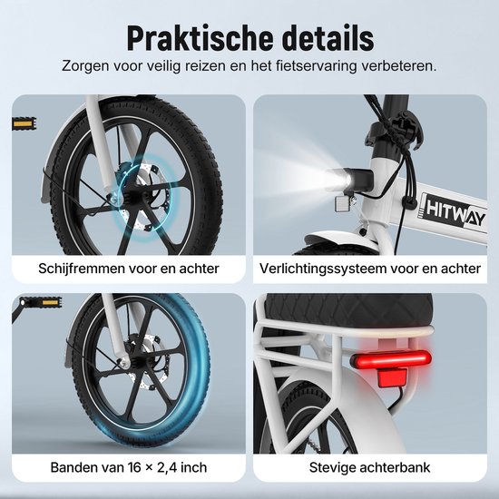 Hitway Elektrische Fiets BK5SL - 16 Inch City Commuter EBike met Afneembare 36V 13Ah Lithium Batterij - Opvouwbaar E-Bike met 250W Motor - IP54 Waterproof — afbeelding 3