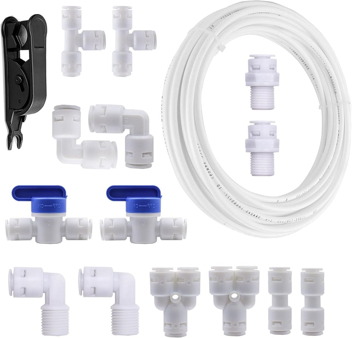 10 meter Universele Aansluitset voor RO Waterfilter, 14 Onderdelen voor 3/8 Inch Slang, Koelkast Slang en Water Slang met Afsluitkraan en Diverse Aansluitingen