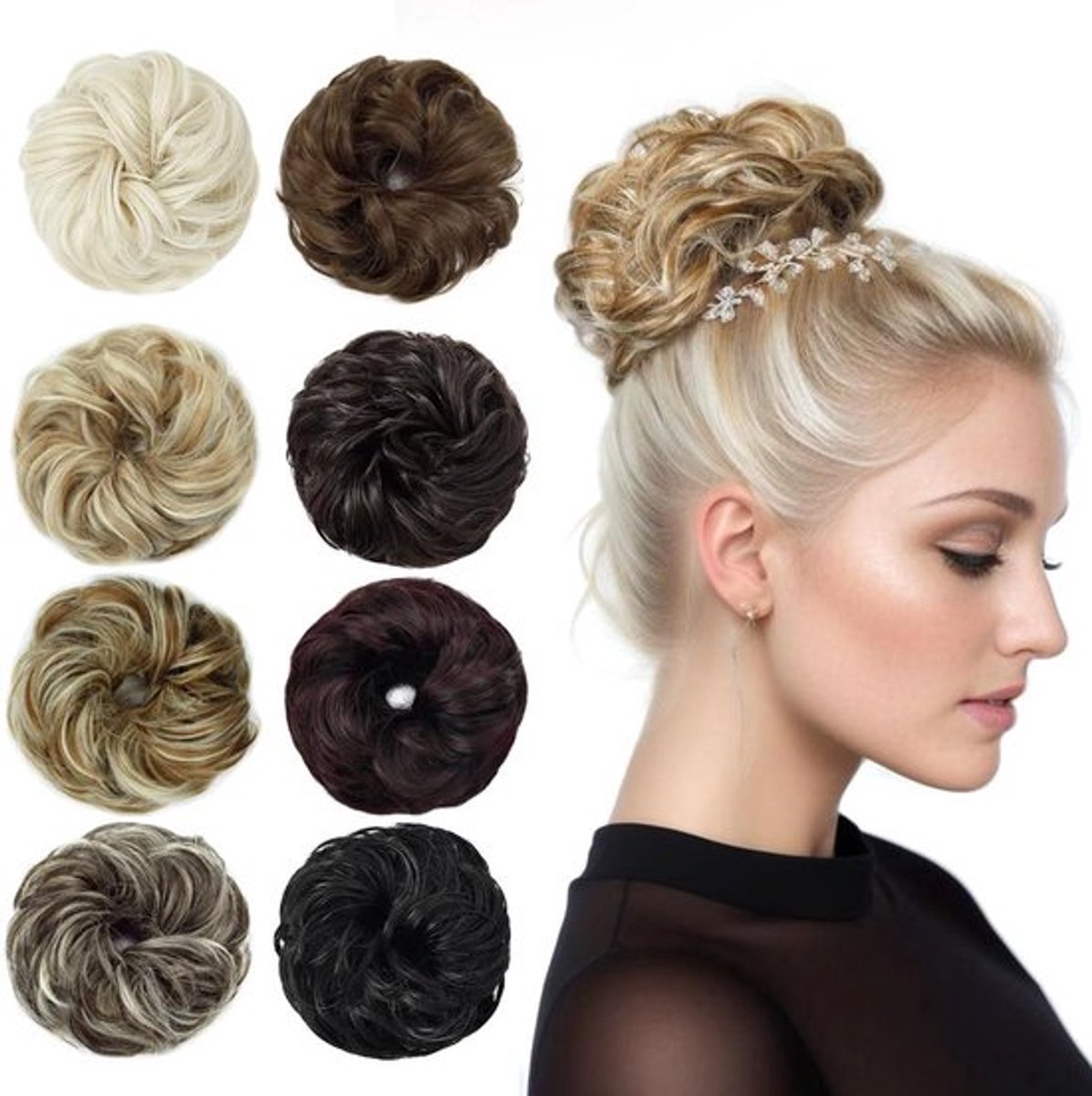 Dames Haarstukken met Elastische Band voor Krullend Updo Kapsel in Natuurlijk Zwart