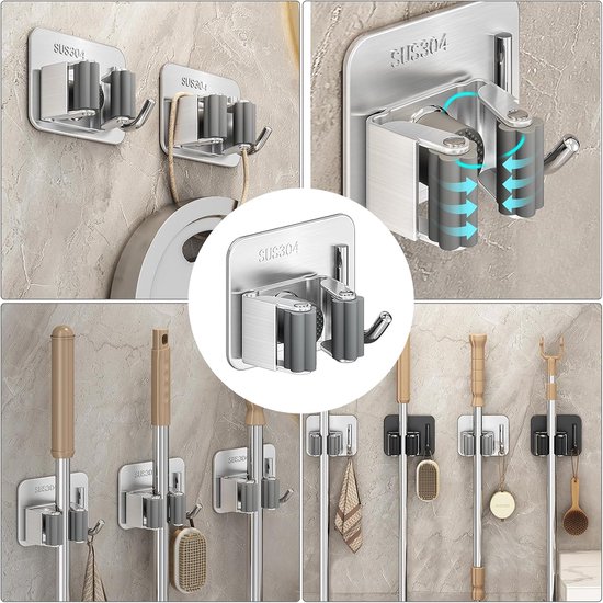 VHV - Bezemhouder - Mophouder - Bezemhouder wandmontage - Tuingereedschap organizer - Set van 5 - RVS - Met haken - Voor garage, waskamer en bezemkast - Grijs van Vhv — afbeelding 2