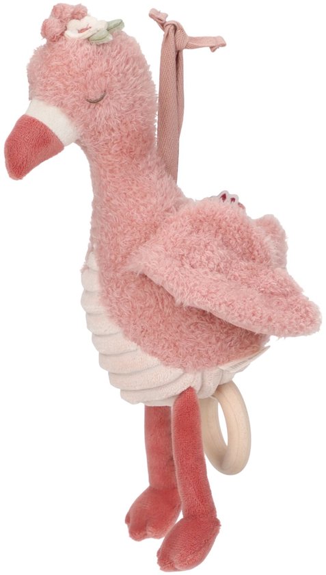 Roze flamingo muziekdoosje met gesloten oogjes, bloemen op kop en houten ring.
