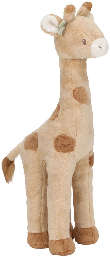 Lichtbruin met donkere vlekken, zacht speelgoed girafje met kleine oortjes en een groen blaadje op het hoofd, staand.