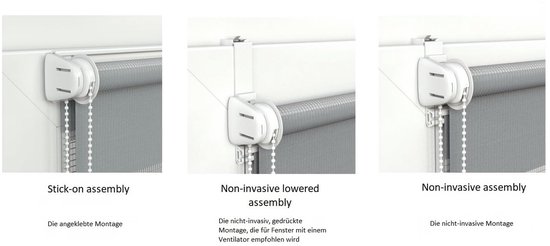 Grijze rolgordijnen met drie verschillende non-invasieve montage opties.