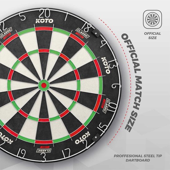 Een officieel dartbord met rode, groene en zwarte vakken en de tekst 'OFFICIAL MATCH SIZE'.