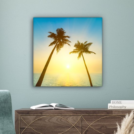 Canvas schilderij 50x50 cm - Wanddecoratie Strand - Zonsondergang - Palmbomen - Muurdecoratie woonkamer - Slaapkamer decoratie - Kamer accessoires - Schilderijen op canvas