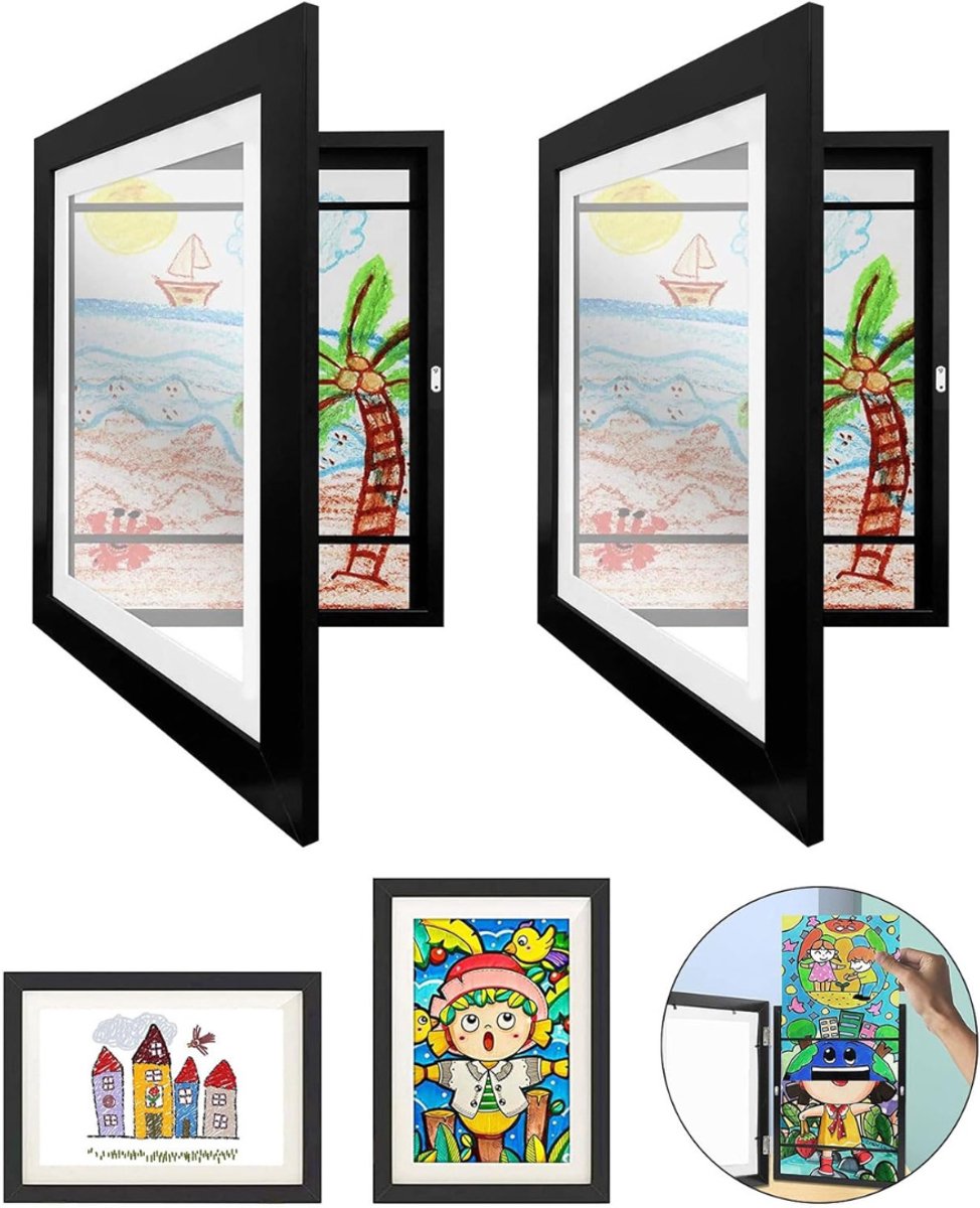 TIM® Wissellijst Kindertekening - Fotolijst – Set van 2 - Luxe fotolijst voor kindertekeningen - Kunstlijst - Wissellijst – Tekeningen – A4 - Zwart - ‎33cm x 24cm x 32cm