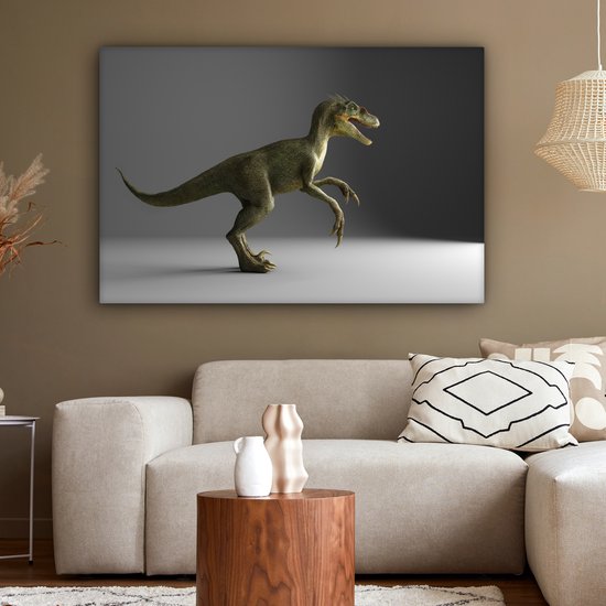 Canvas schilderij 150x100 cm - Wanddecoratie Velociraptor - Dinosaurus - Grijs - Muurdecoratie woonkamer - Slaapkamer decoratie - Kamer accessoires - Schilderijen op canvas