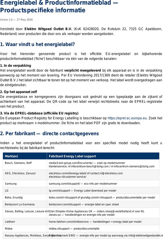 Productinformatieblad en energielabel