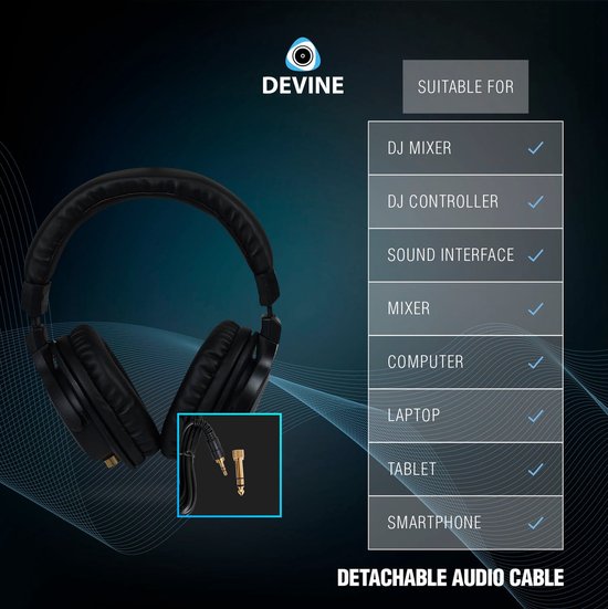 Zwarte Devine PRO 4000 hoofdtelefoon met tekst 'Suitable for DJ mixer, controller, sound interface, mixer, computer, laptop, tablet, smartphone'.
