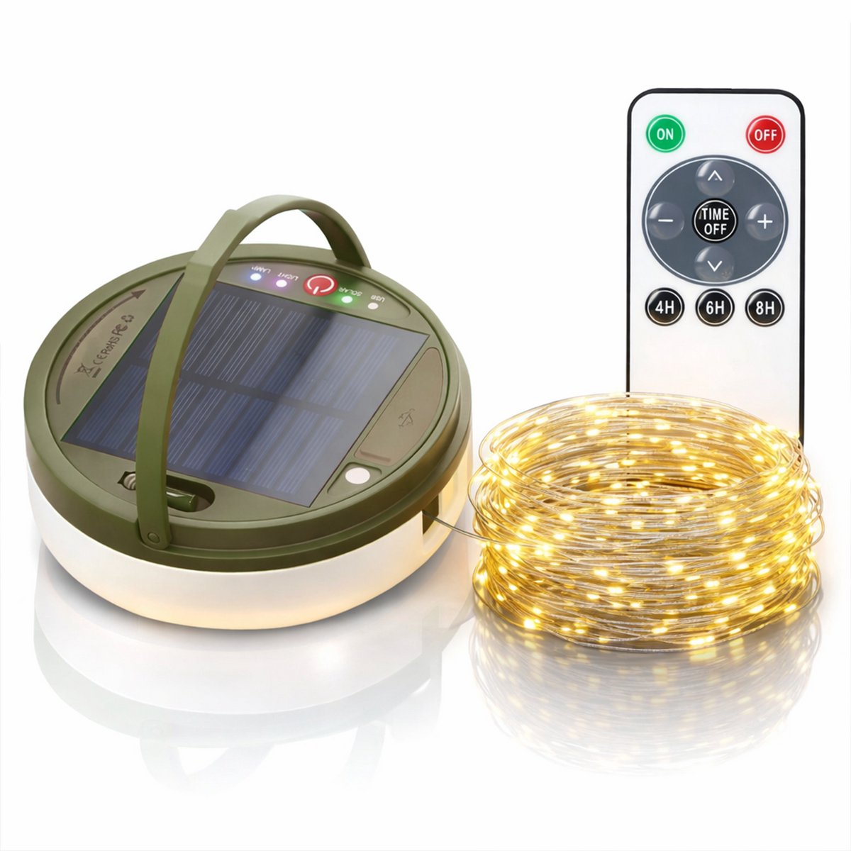 Tech Essentials Solar Camping Lichtsnoer - 200LEDs - 20M - Warm-Wit Licht - Tentlamp - USB-Oplaadbaar - Met Afstandsbediening - Oprolbaar - Kampeerlamp - Zonneenergie Hanglamp - Nood