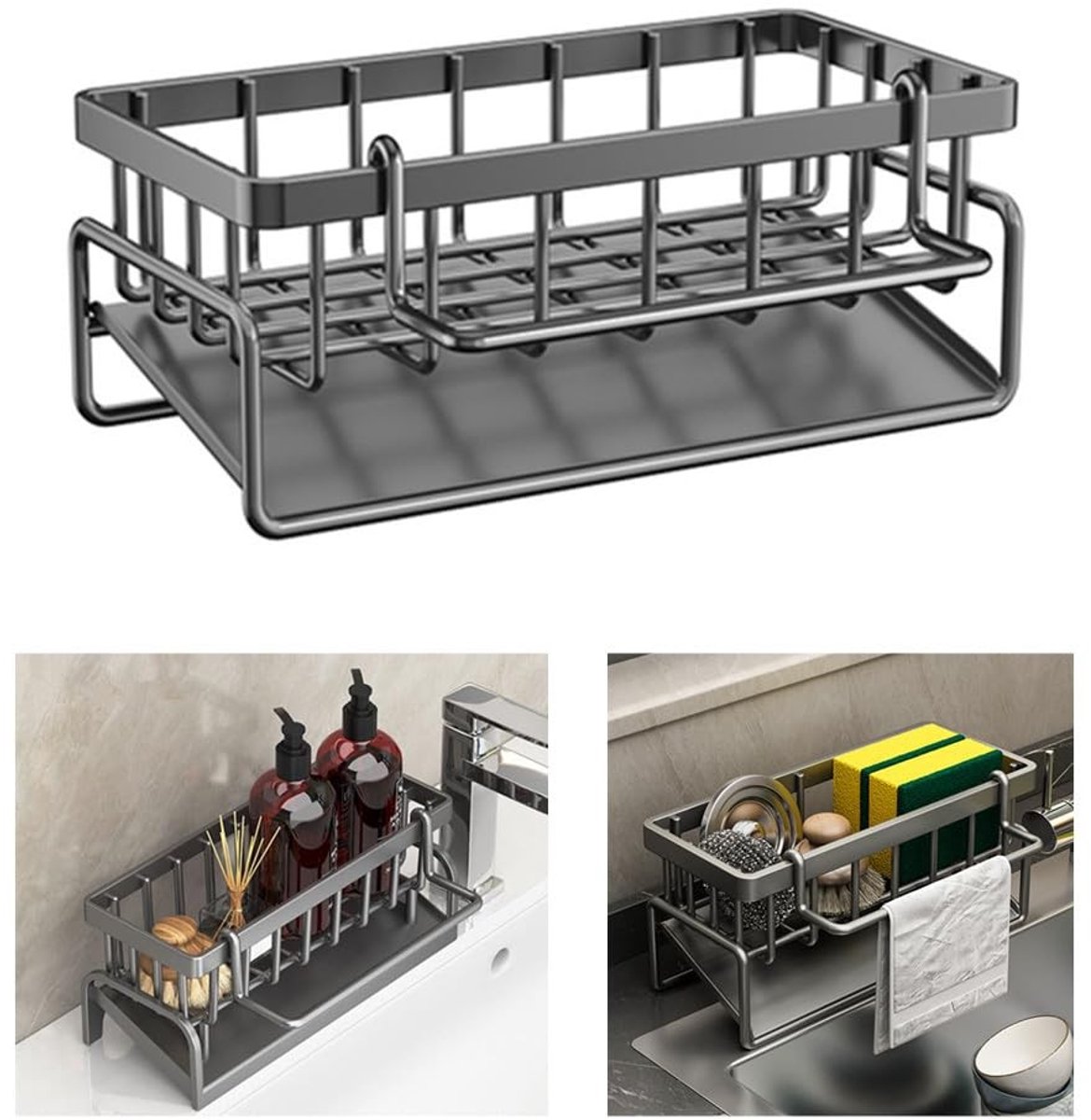 Dailygoods - Dailygoody - Keukendoekhouder - Gootsteenorganizer - Handige sponshouder - Zwart - Keukenaccessoires - Ideaal voor keukens - Zwart