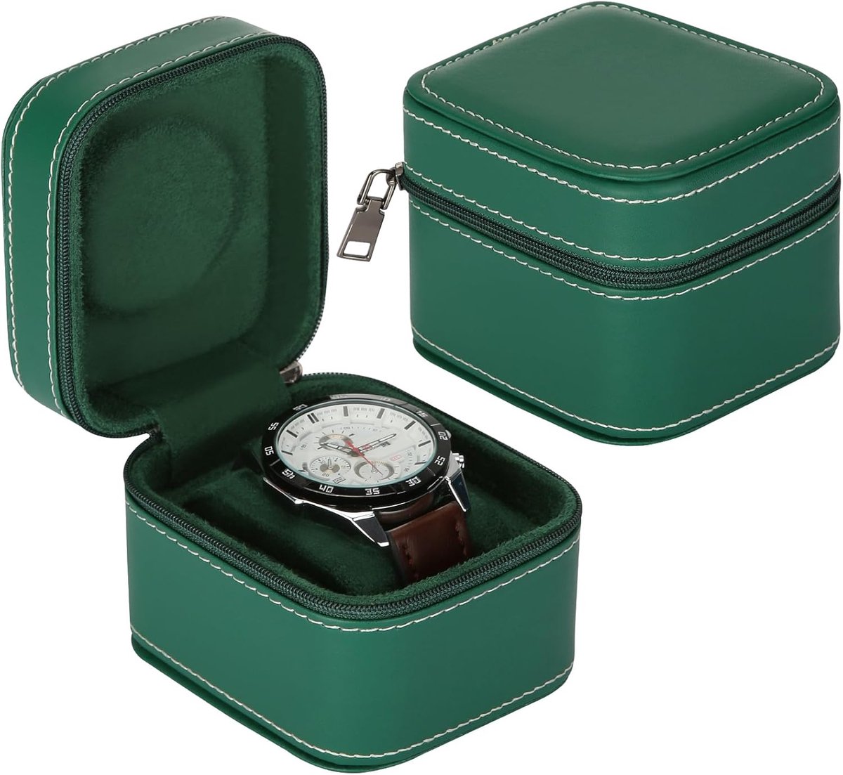 Enkele horlogedoos, kleine reiskoffertjes voor heren en dames, draagbare opbergdoosjes met ritssluiting voor polshorloges, voorzien van uitneembaar kussentje (groen)