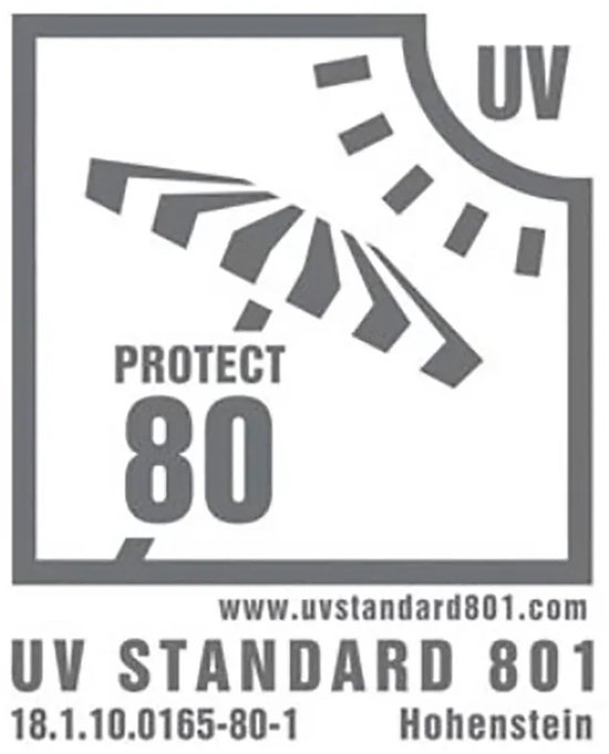 Logo "UV STANDARD 801 Protect 80" met zon en paraplu. Beschermingsfactor 80.