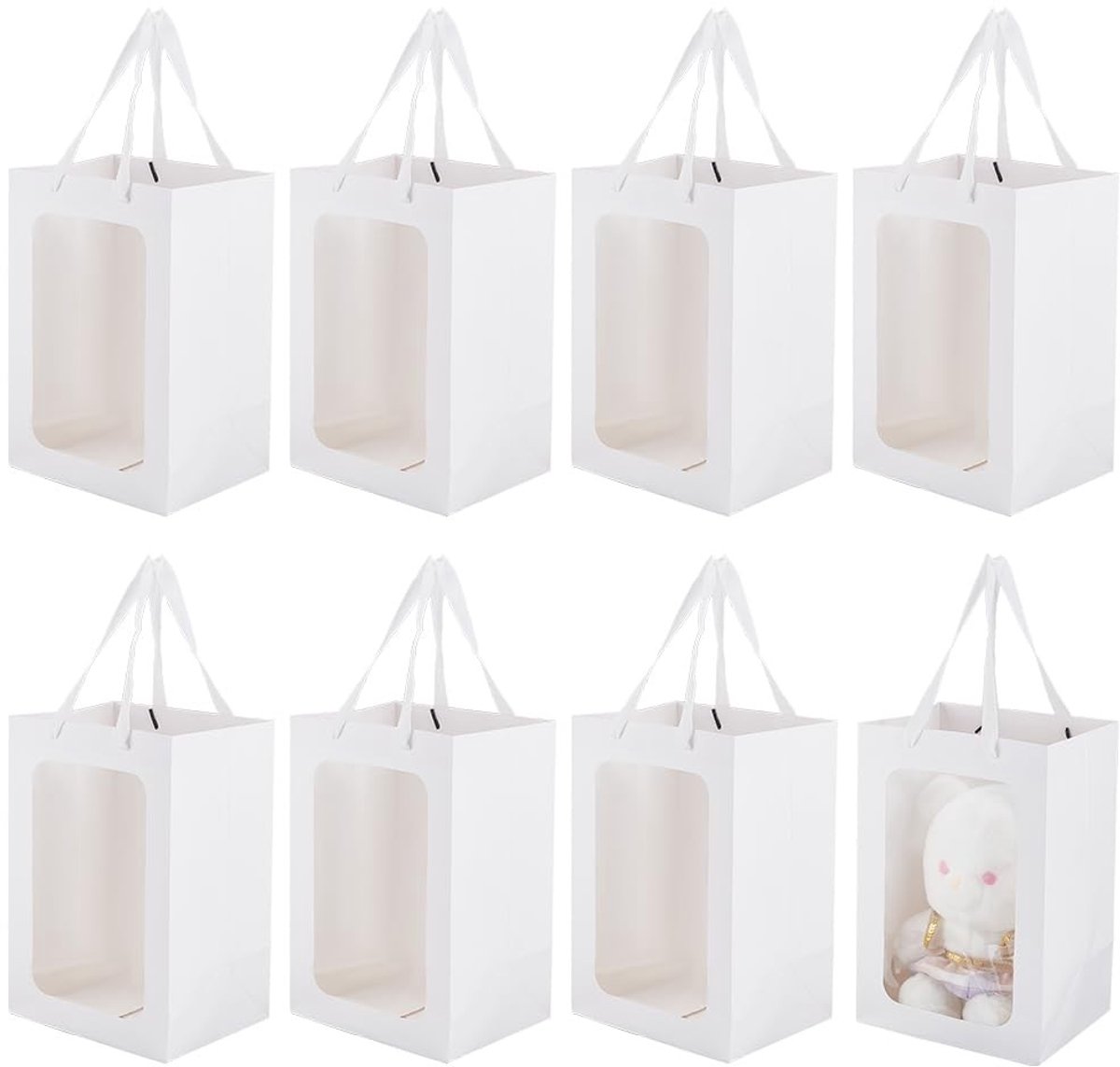 Dailygoods - Set van 8 Witte Kraftpapier Geschenktasjes met Transparant Venster