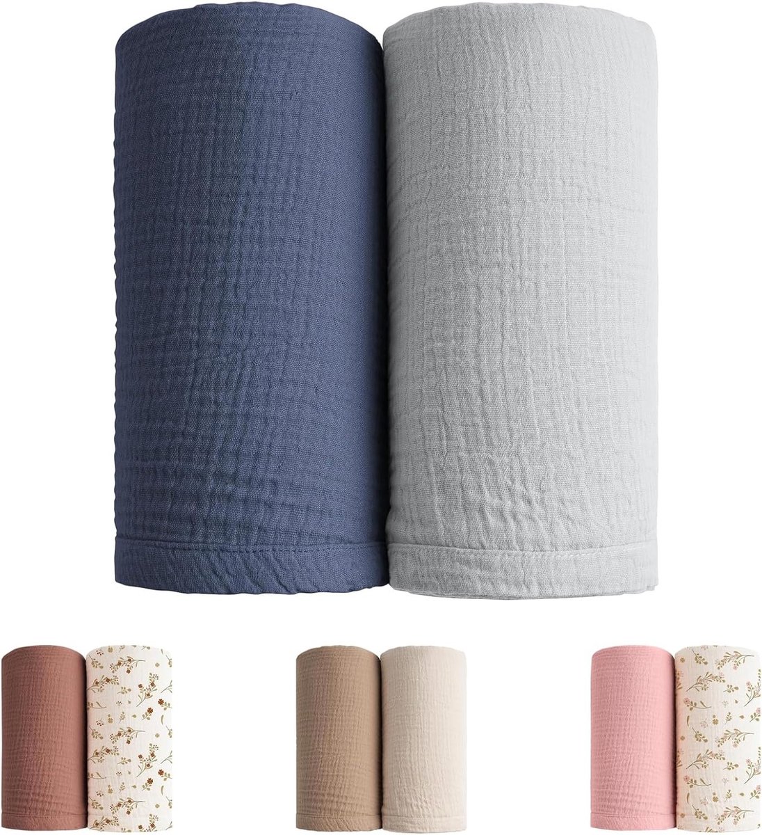 2 Stuks Baby Muslin Swaddle Dekens voor Pasgeborenen - Ademend, Zacht en Veelzijdig - 100 x 100 cm (Blauw + Grijs)