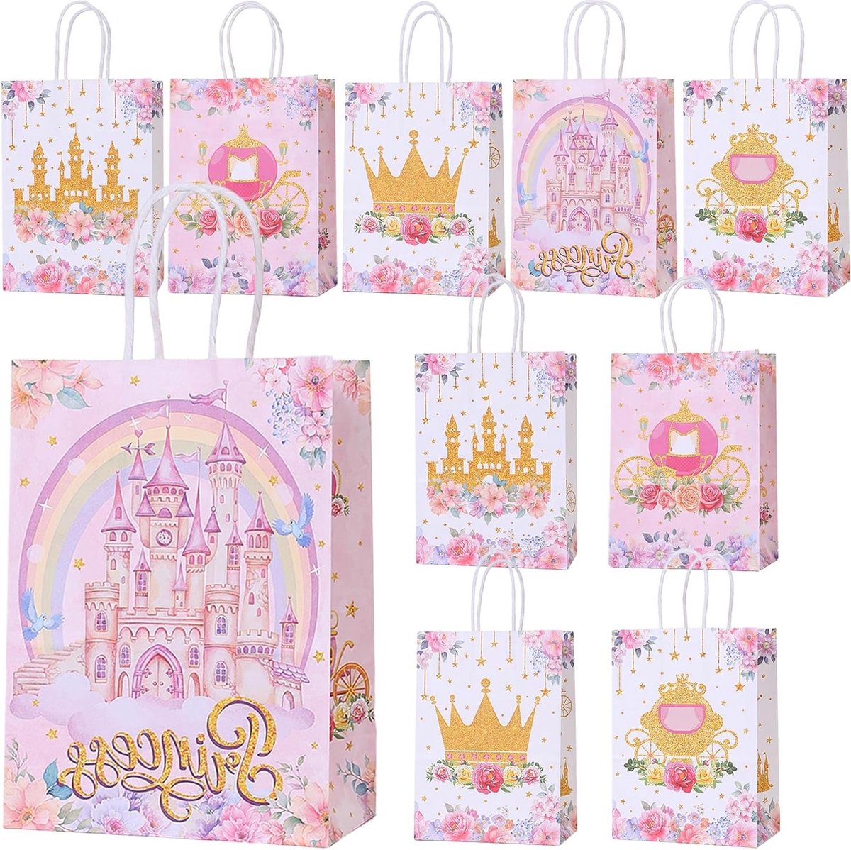 10 stuks kasteel cadeautas met handvatten, prinsessenfeest papieren zakken voor snoep en verjaardagscadeaus voor meisjes