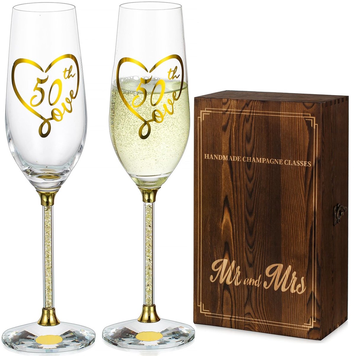 Dailygoody - Champagneglazen Set van 2 - Gepersonaliseerde Gouden Glazen - Huwelijksverjaardag Geschenken - Kristallen Prosecco Glazen - Bewaarcadeau ...