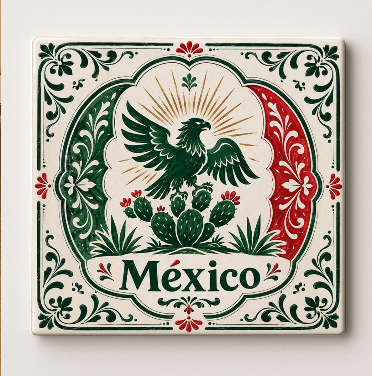 Bedruk King Mexico Decoratieve Tegel – Mexicaanse Adelaar en Cactus Design met Vlagkleuren, Bloemenrand en Traditionele Stijl – Keramische Souvenir Cadeautegel Wit