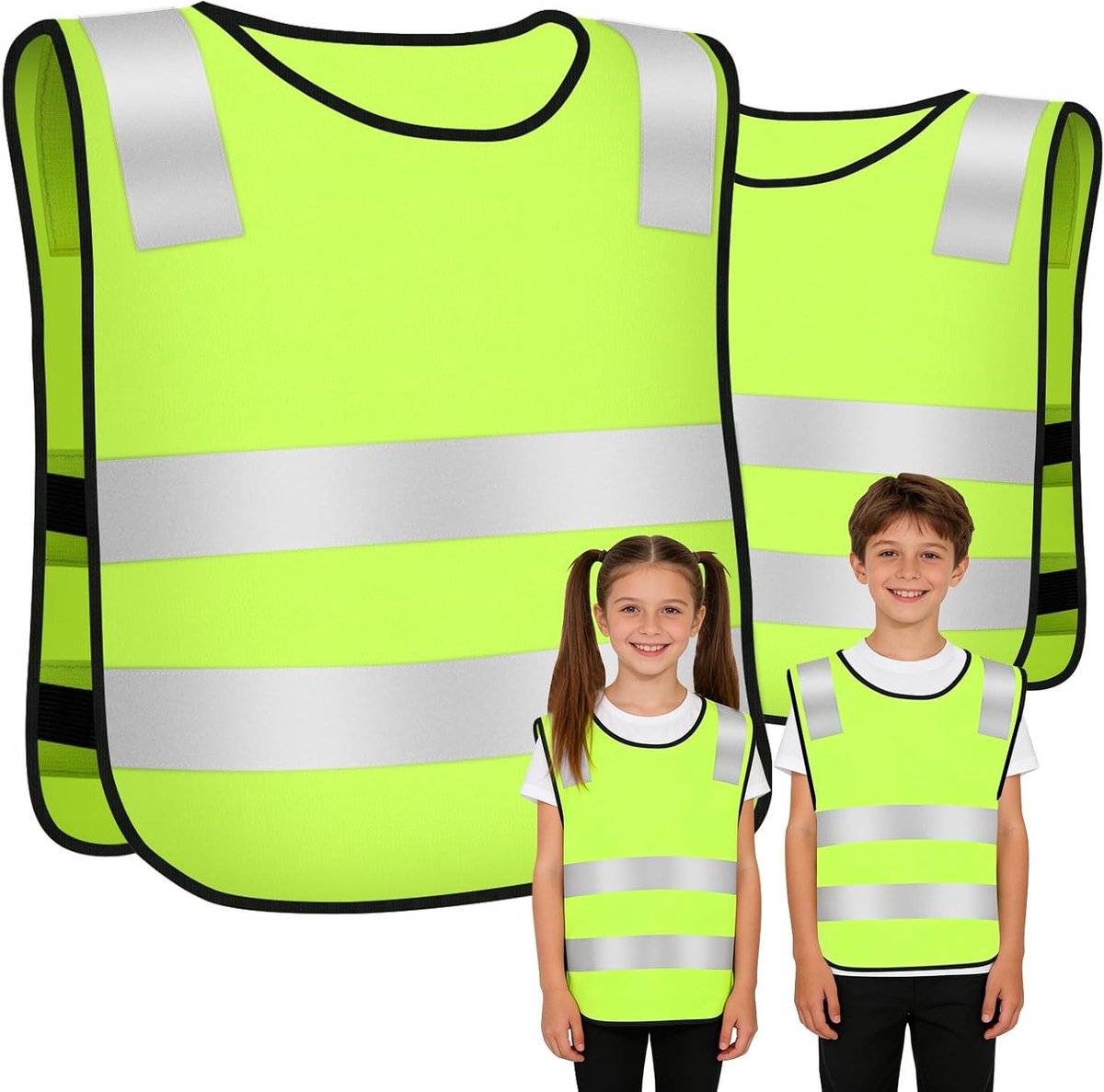 Veiligheidsvest voor Kinderen - 2-delige Set, Ademend en Lichtgewicht met Reflecterende Strepen voor Extra Zichtbaarheid en Veiligheid