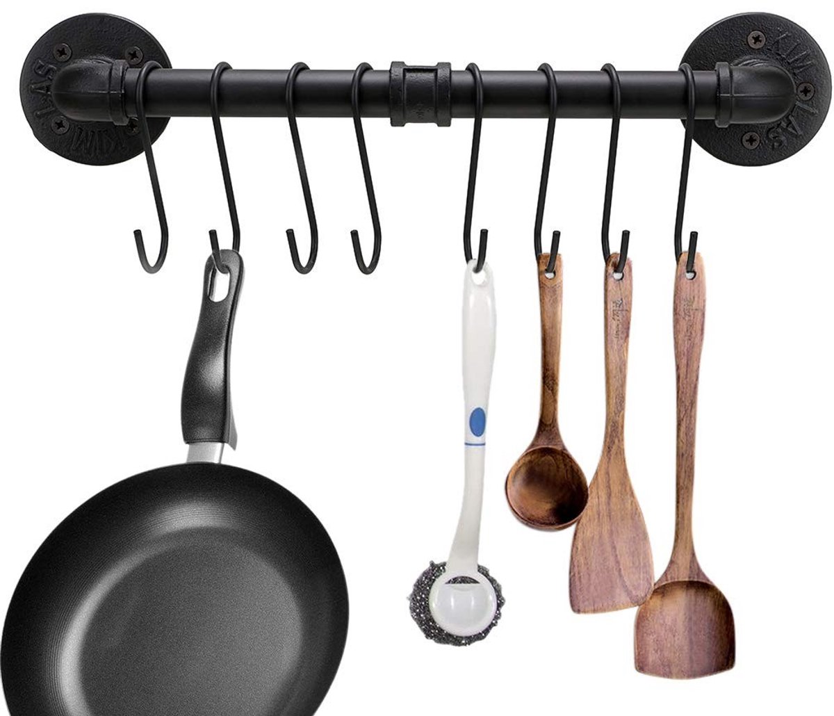 Dailygoods - Dailygoody - Industrieel Buispannenrek - Keukengerei Organizer - Wandmontage - 8 Haken - Handdoekhouder - Praktisch en Stijlvol - Geschikt voor K