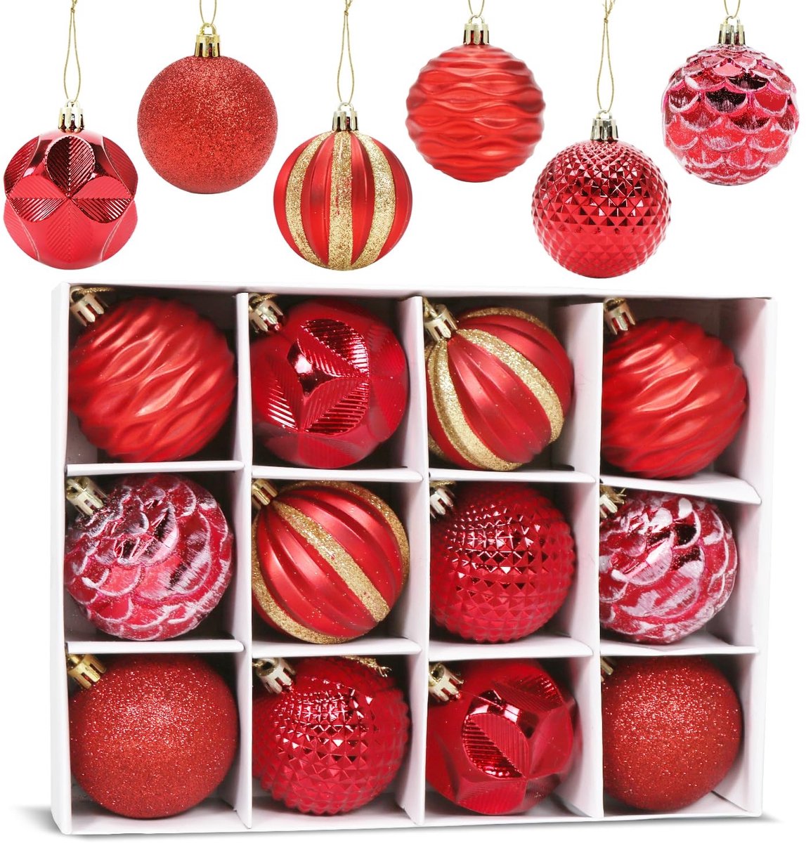 Dailygoods - Dailygoody - Kerstballen - 12 stuks kerstversiering - Rood - Kunststof kerstdecoratie - Perfect voor kerstboom - Feestelijk en luxe